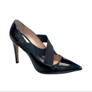 ERIKA CAVALLINI Italy Black Patent Leather Pointy Toe Heels Pumps Cross Strap 38